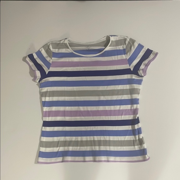 St. John's Bay Blue and White Fitted Cap Sleeve Tee - Picture 1 of 3